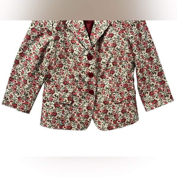 TALBOTS Floral Print Cotton Blazer Three Button Red Burgundy Rose Size Small - Picture 3 of 10